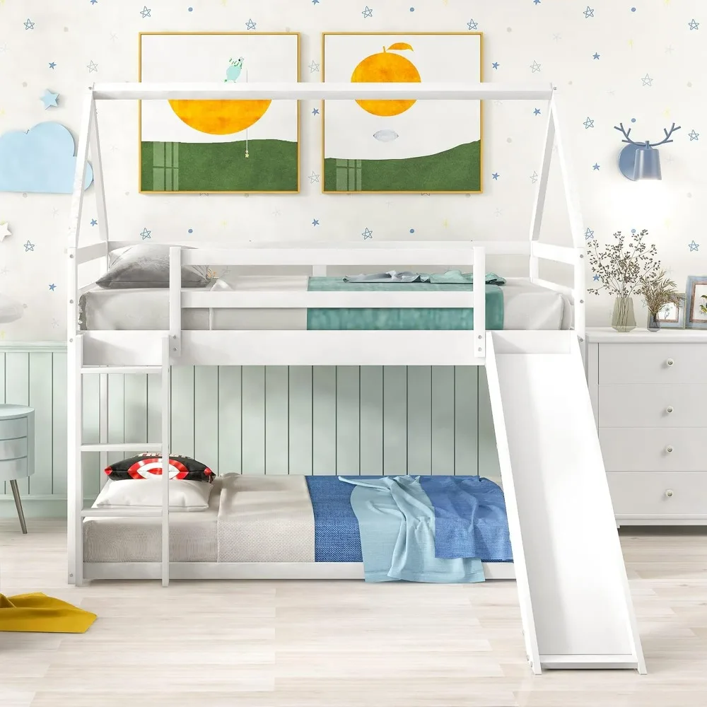 House Bunk Bed with Convertible Slide and Ladder, Twin Over Twin Bunk Bed with Roof and Security Guardrails, Floor Bunk Bed