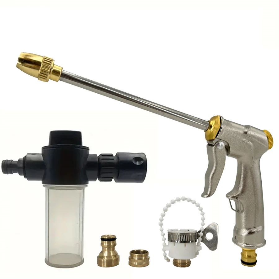 Pistola de agua de varilla larga de alta presión de Metal, pistola de agua de jardín portátil y ajustable con olla de espuma de 100Ml, Kit de riego de jardín, 1 ud.