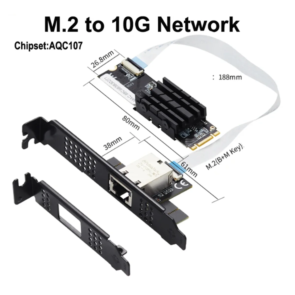 M.2 to Single Port 10 Gbase Ethernet Gigabit Nic B Key M Key 10G/2.5G/1000M RJ45 Lan Network Adapter Card AQC107