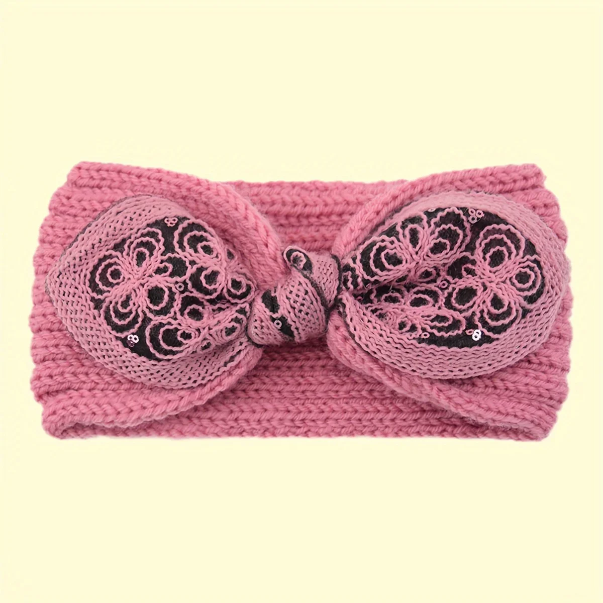 

Women's Handmade Bohemian Knitted Headband with Embroidered Bow Rabbit Ears Wide Anti-Slip Band Soft Warm Hairband