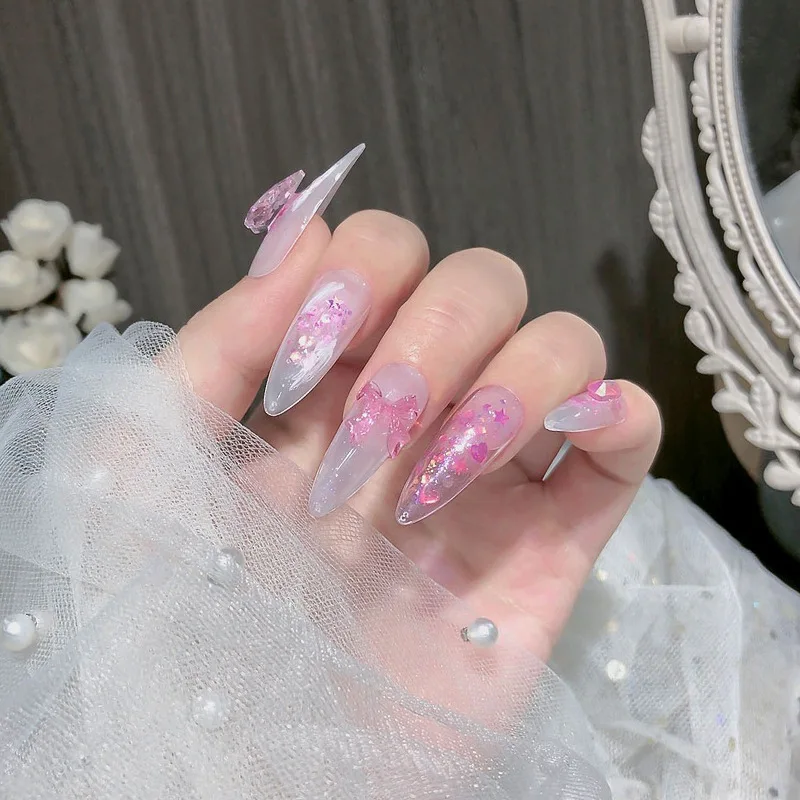 100pcs Jelly  Ribbon Bowknot Nail Charms 3D Resin Clear Pink Bow Nail Accessories Exquisite Fairy DIY Manicure Kawaii Rhinestone