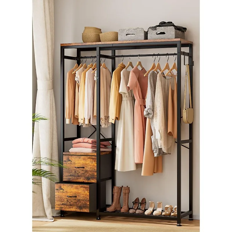 

Clothes Rack, Heavy Duty Garment Rack for Hanging Clothes, Industrial Clothing Racks with Shelves, 2 Fabric Drawers