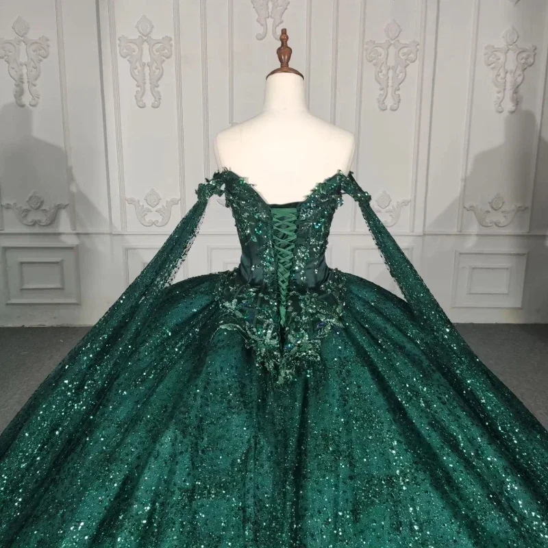 Blackish Green Sexy Backless Sparkly Ball Gown Quinceanera Dress Off The Shoulder Birthday Party Gowns Beaded Prom Dresses Vesti