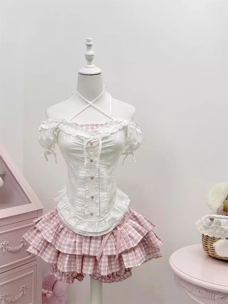 Sweet Soft Girl Bubble Sleeves Neck Splicing Pink Plaid Slim Fit Top Blouse Women's Summer Plaid Fluffy Cake Skirt Set Outfits