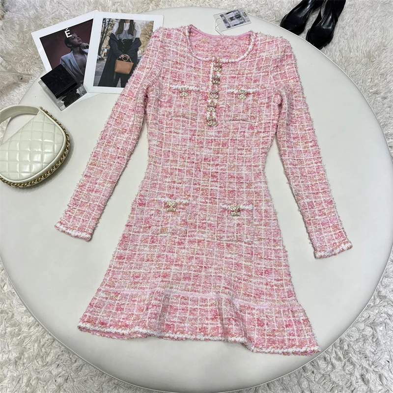 Spring new women\'s round neck pink plaid high quality y2k fashion commuter luxury beaded A-line commuter long-sleeved mini skirt