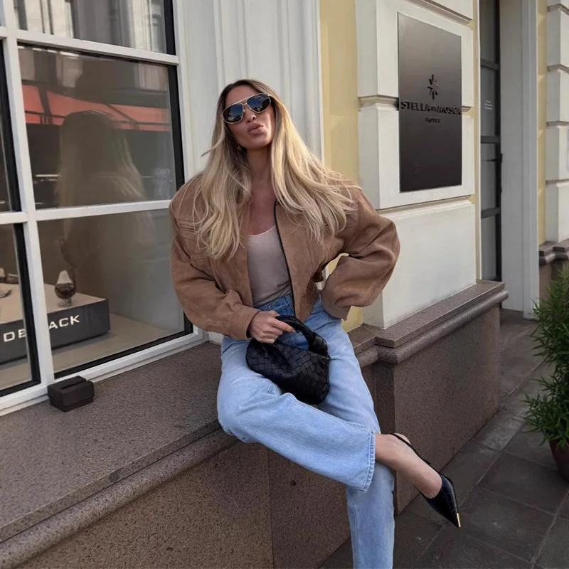 Trainning & Exercise Jackets Suede Lapel Loose Silhouette Short Tooling Jacket Women's Autumn and Winter