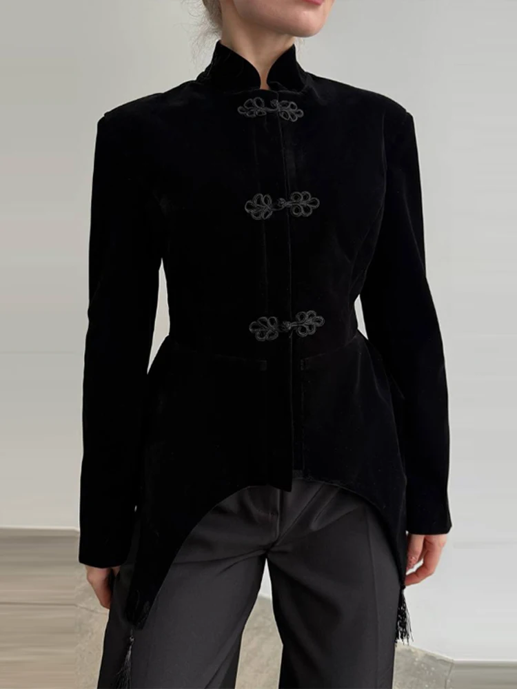 Elegante Samt-Damenjacken in Schwarz mit Stehkragen, Langen Ärmeln und Quasten, Damenmäntel Frühling/Herbst 2026, Vintage-Oberbekleidung Neu