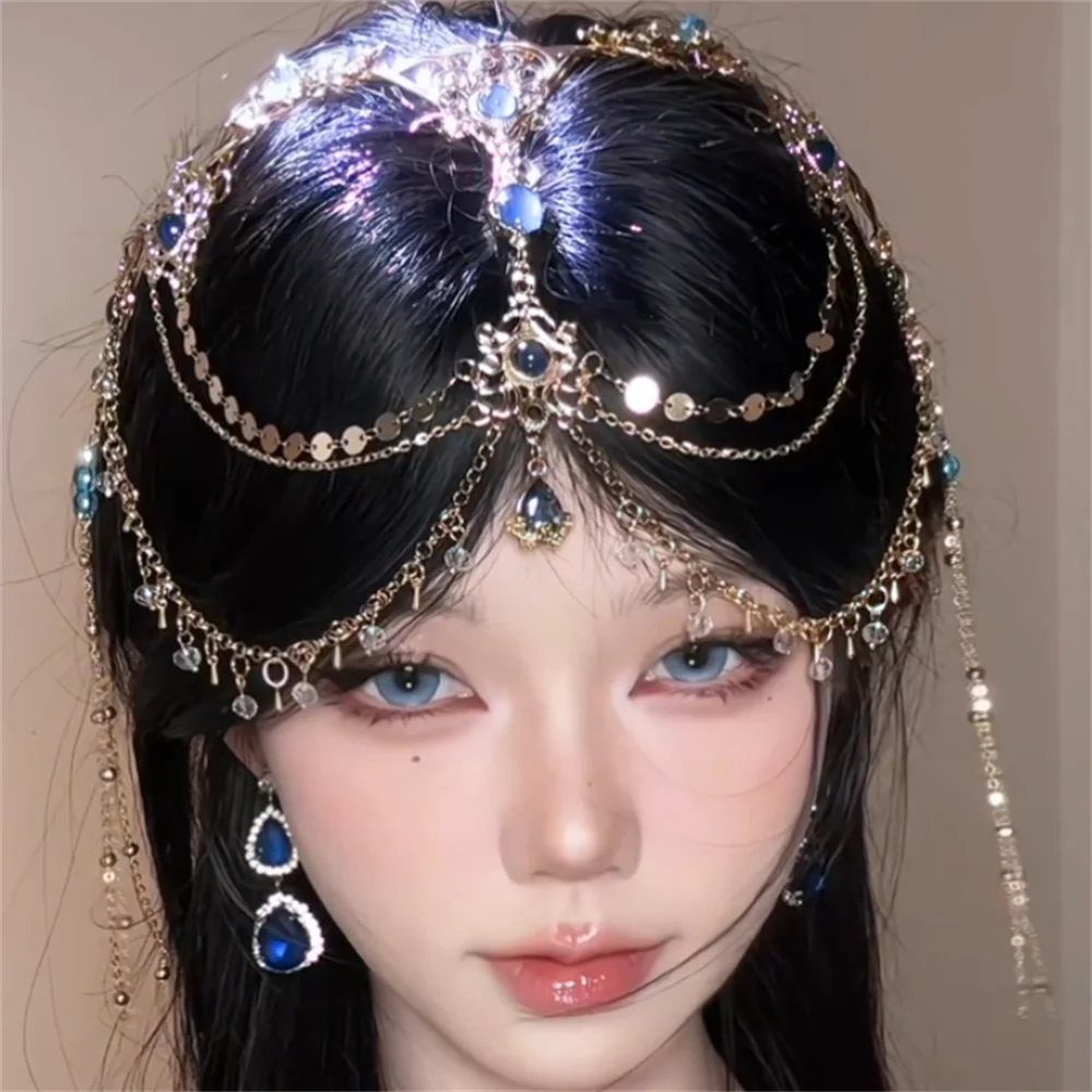 

forehead chain, ancient Hanfu headdress, Western Regions princess fringed eyebrow pendant blue earrings