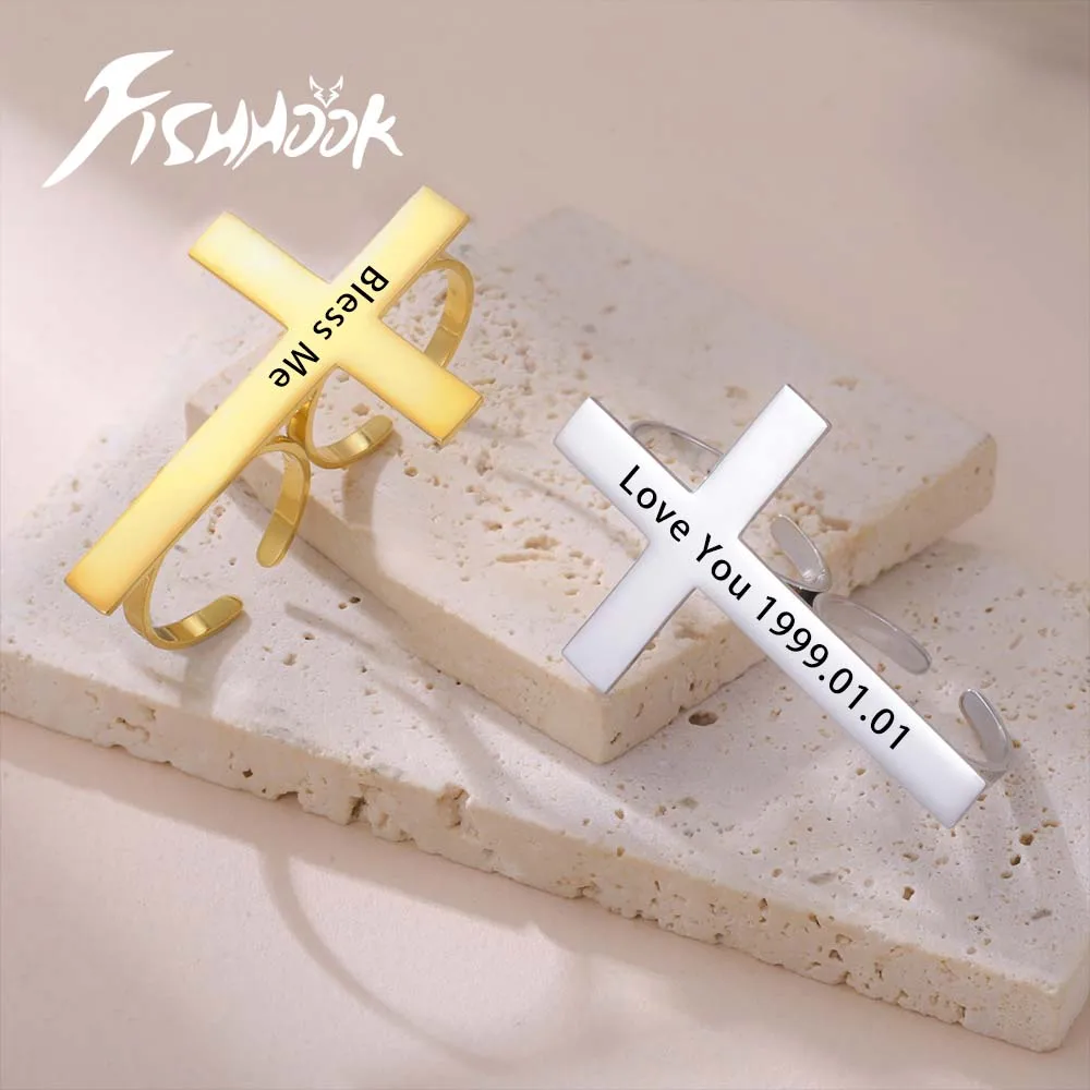 الصليب شخصية اسم البنصر هدية مخصصة للمرأة الرجال الذهب اللون الفولاذ المقاوم للصدأ يسوع المسيحية تميمة تعويذة المجوهرات