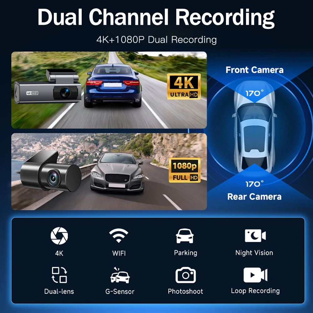 4K Dash Cam for Car Camera Dash Cam WIFI Camera for Car Front and Rear Dash Camera Black Box 24H Parking Mode Recorder