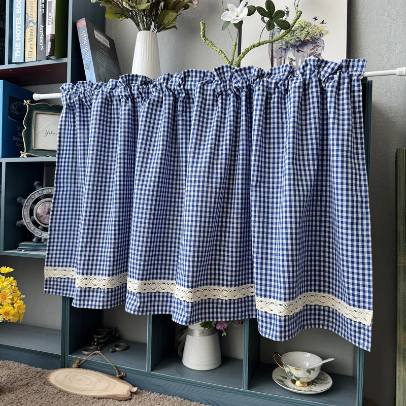 Plaid Lace Trim Kitchen Short Curtains Rod Pocket Window Valance Farmhouse Cafe Curtain for Cabinet Sink Bedroom Home Decor
