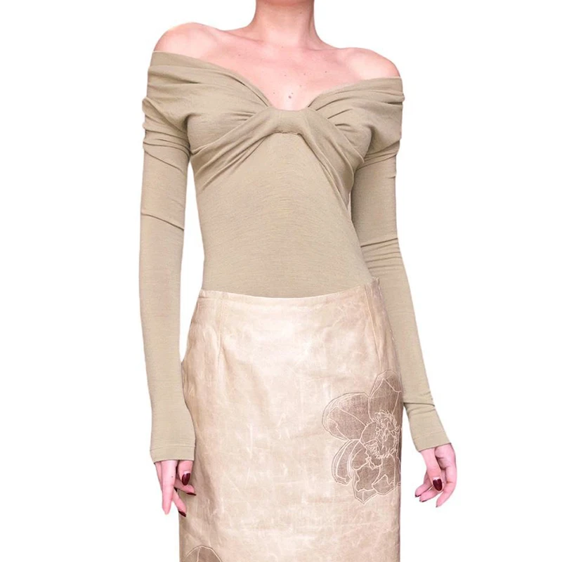 الأساسية العميق الخامس الرقبة تويست مثير تي شيرت مع لون البشرة تصميم الأزياء عارية اللون سليم صالح الأعلى فتاة حار المنخفضة قطع مطوي الصدر تيز #4