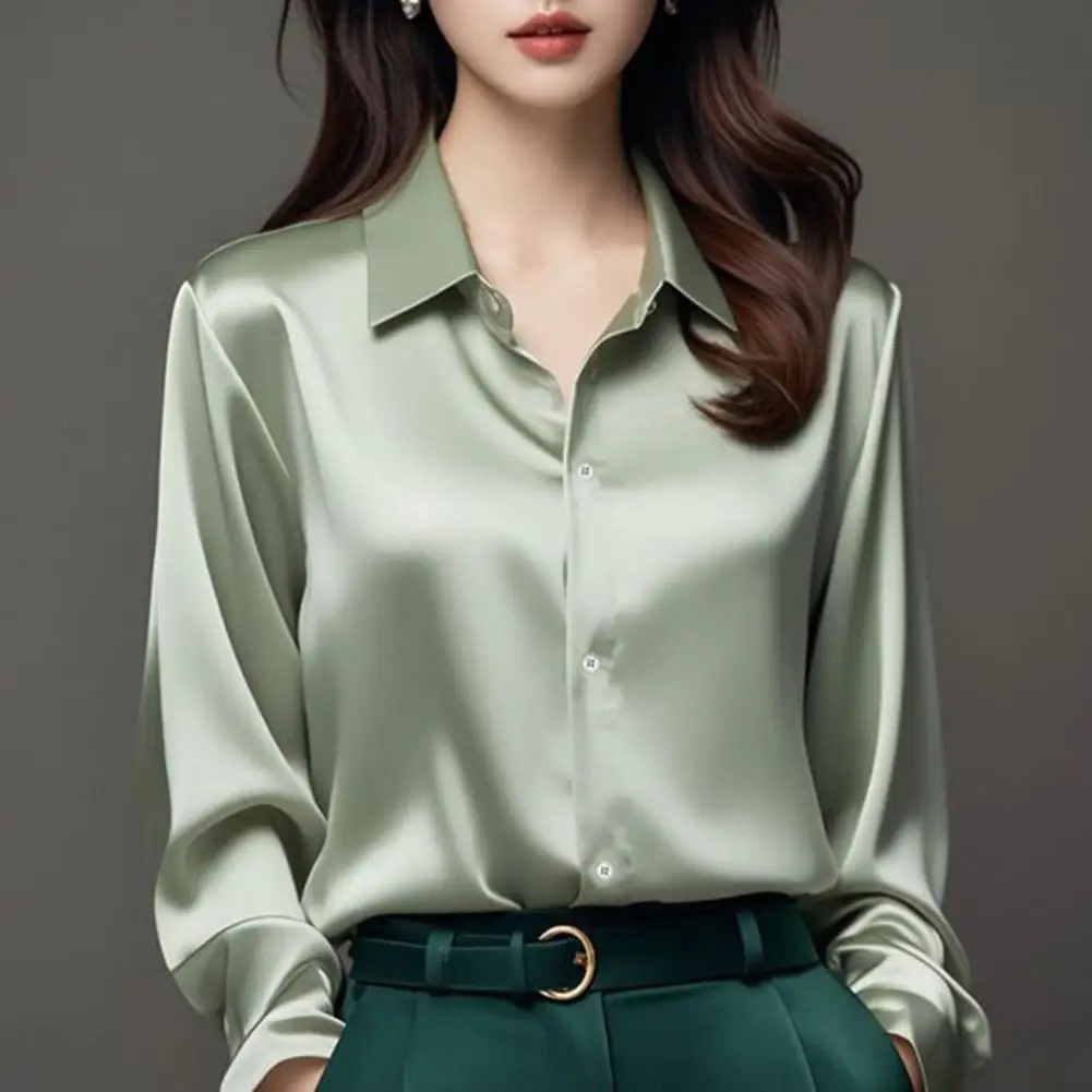 

Satin Women's Shirt Long Sleeve Unique French Silk Professional Shirt Silky Lapel Single Breasted Franch Style Office Shirt