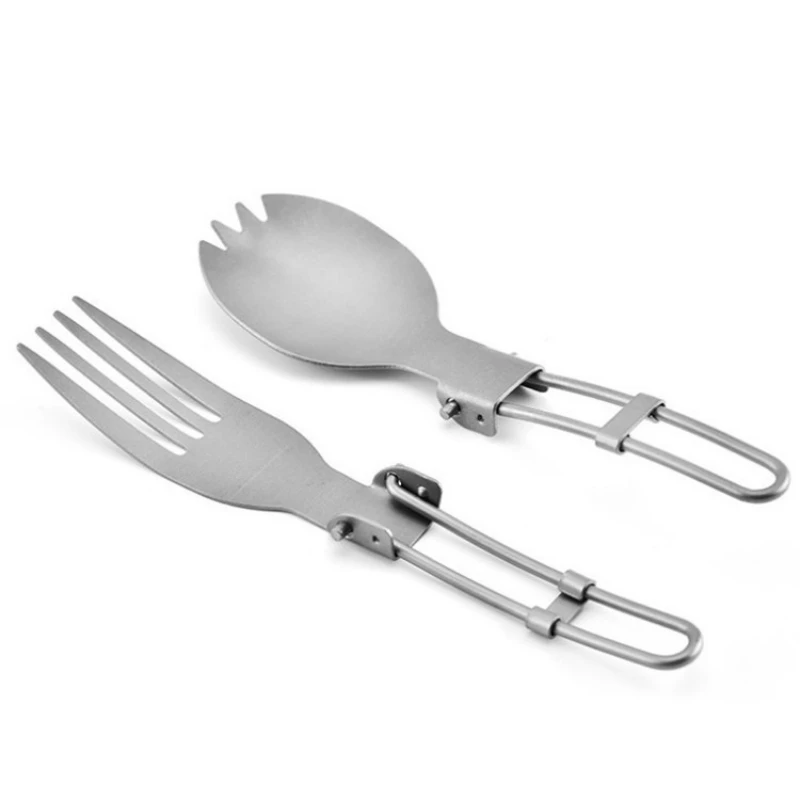 Russian Outdoor Folding Toothed Spoon Camping and Picnic Tableware Metal Titanium Spoon Fork