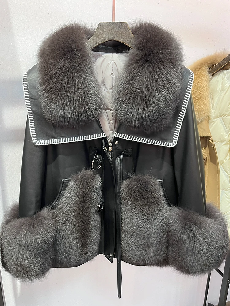 

2023 New Autumn Winter Real Fur Coat Jacket Women Natural Fox Fur Genuine Leather Goose Down Jacket Thick Warm Female Coats