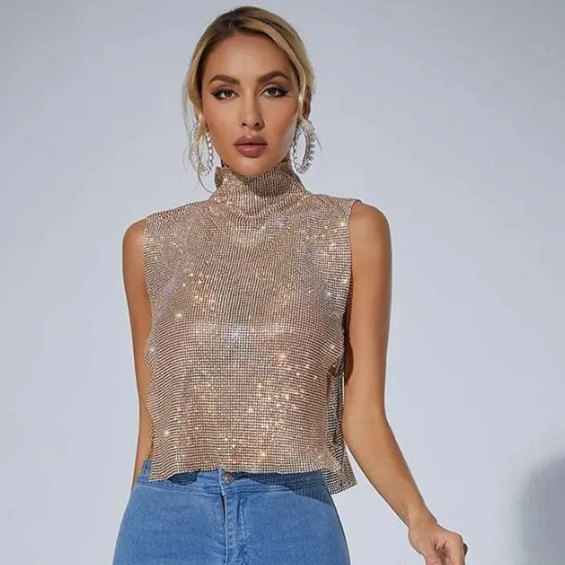 Nowy damski metalowy Rhinestone wydrążony na szyję Tank seksowny Top pikantna dziewczyna bez rękawów