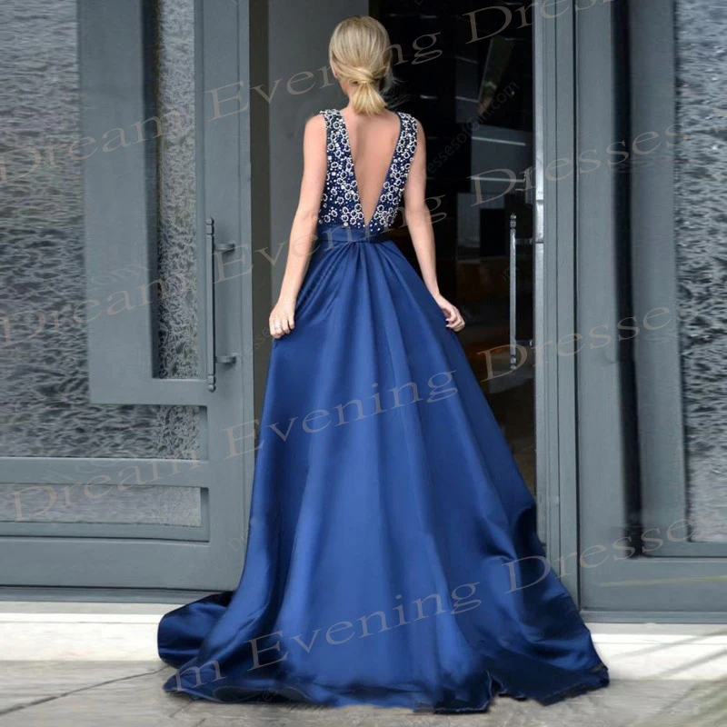 Blue Sequin Crystal Beads Evening Dresses A Line Exquisite Stain Sleeveless Floor Length Prom Gowns Backless For Formal Party