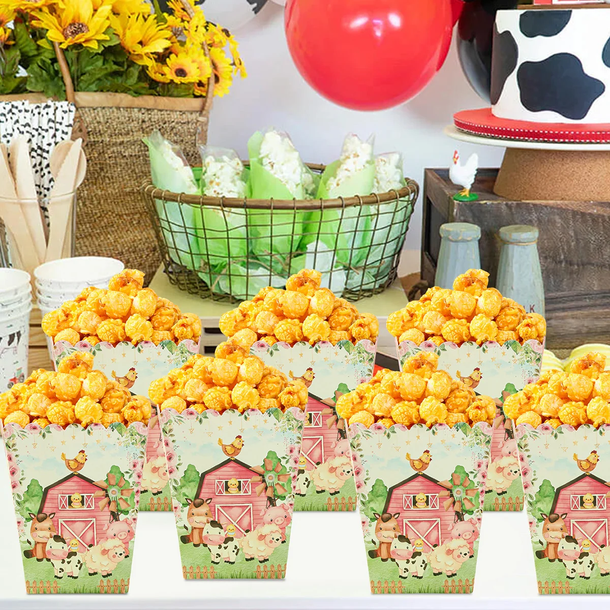 Scatole per popcorn per feste a tema animali da fattoria Scatole per caramelle Decorazioni per feste in fattoria Baby Shower Bambini Ragazze Compleanno Forniture per feste di matrimonio