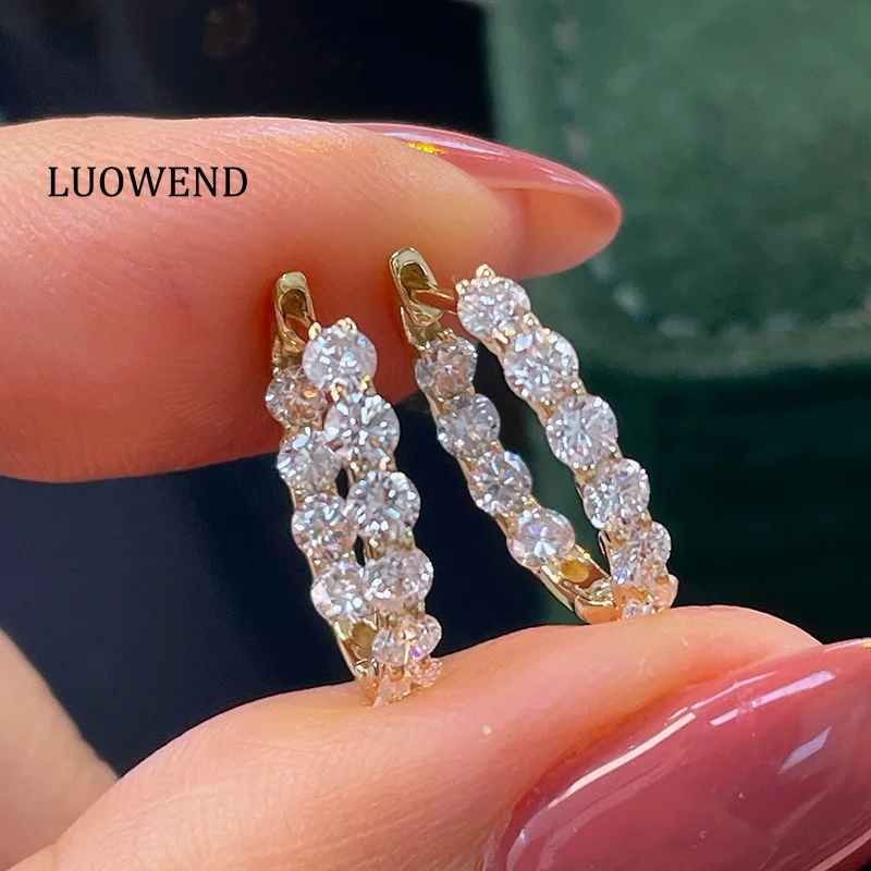 LUOWEND, pendientes de oro blanco/amarillo 100% 18K, diseño de lujo, pendientes de aro de diamantes naturales reales de 1,12 quilates para mujer, joyería fina