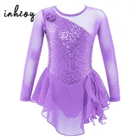 Vestido de patinaje sobre hielo para niñas, leotardo con lentejuelas brillantes, tutú de Ballet y gimnasia, traje de baile de empalme de malla de manga larga
