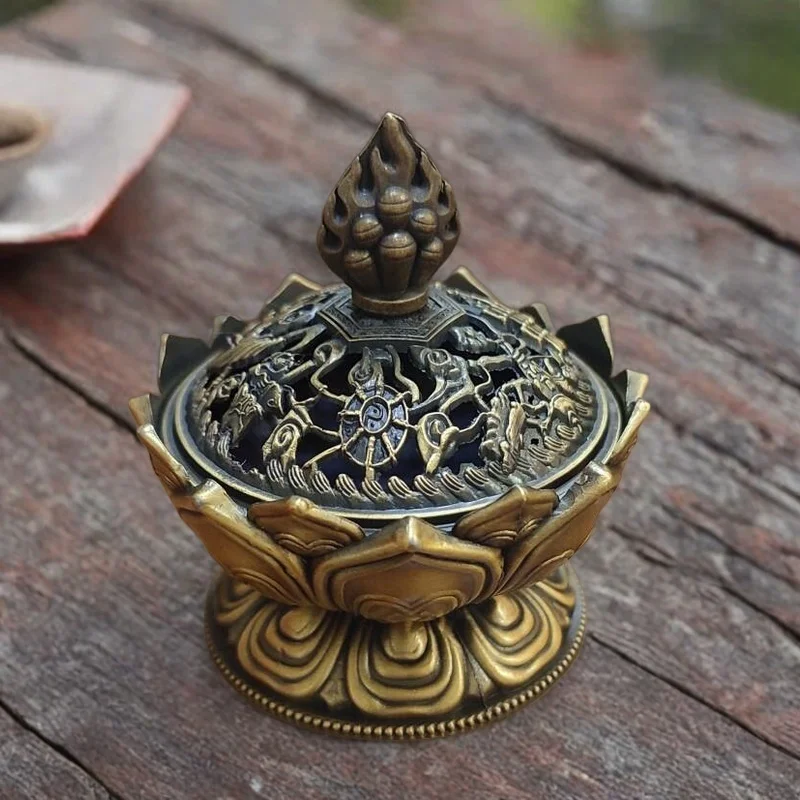 Vintage Lotus Flower Incense Burner Metal Buddhism Buddha Room Home Decor Mini Sandalwood Censer Incense Holder Bronze Craft