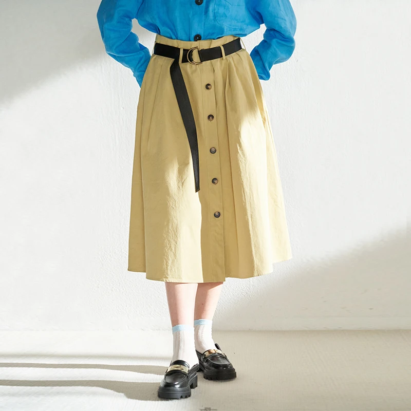 

High Waist A-Line Midi Skirt Independent Button Design Belt Versatile Khaki Color Spring Autumn CUISUYUN Pure Cotton