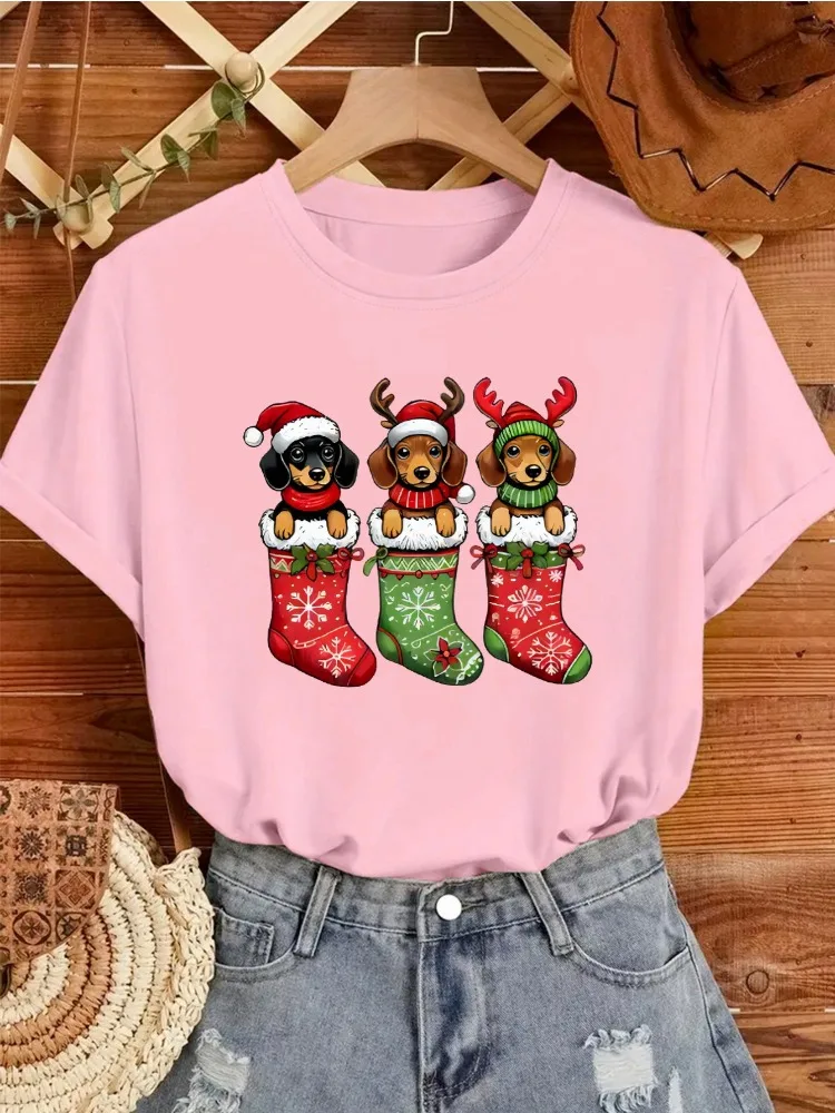

Women's Christmas Dog Print T-Shirt Casual Crew Neck Short Sleeve Top Four-Season Fashion Holiday Wear Cotton Harajuku T-Shirt