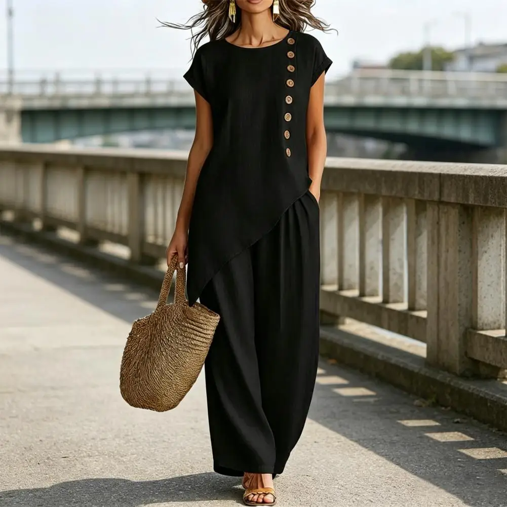 Loose Fit Women Suit Buttons Short Sleeve Top And Wide Leg Pants Age-friendly Asymmetrical Hem Vacation Lounge Outfits