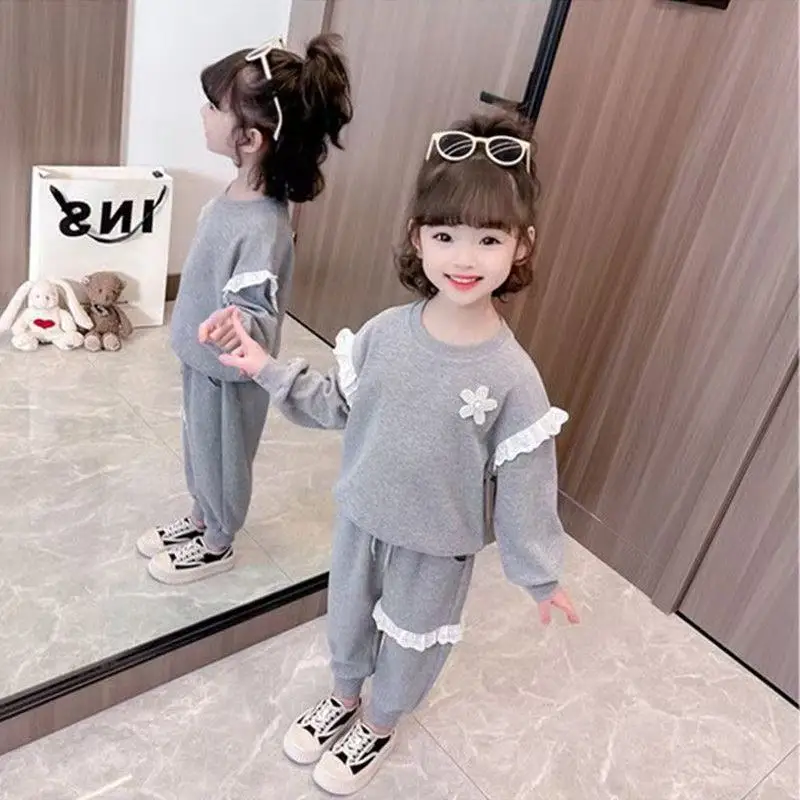 Autumn Baby Girl Clothes Set Children Lace Splicing Top and Pants Bottom Two Pieces Long Sleeved Cotton Suit Fashionable Set