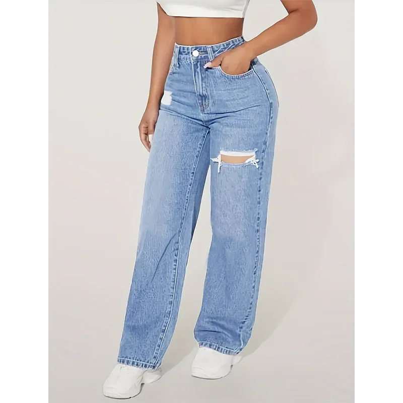 Girls Retro Korean Comfy Jeans Female High Waist Casual Ripped Wide Leg Denim Jeans Women Designer Loose Fit Pants