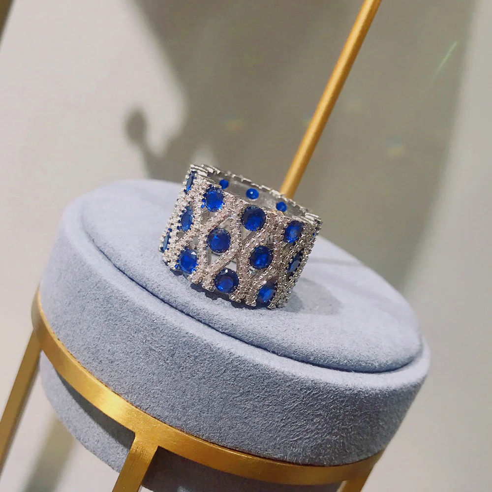 Luxury High Quality Silver Color Artificial Sapphire/Ruby 16mm Wide Rings for Women Retro Banquet Party Jewelry Anniversary Gift
