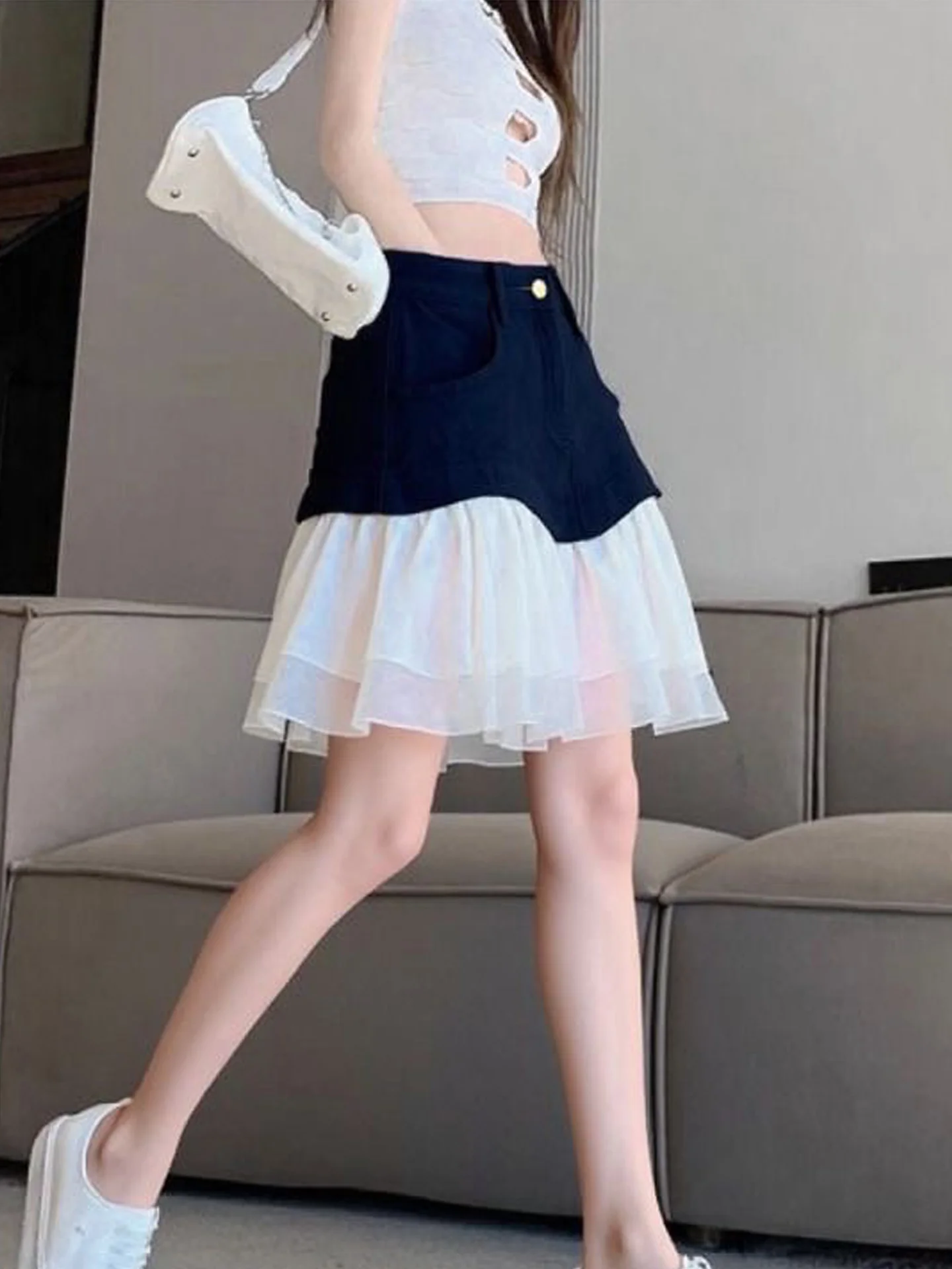 Elegant High Waist A-Line  Skirt with Splicing Design for Women Stylish Cake Flower Short Skirt Trendy Autumn New Arrival