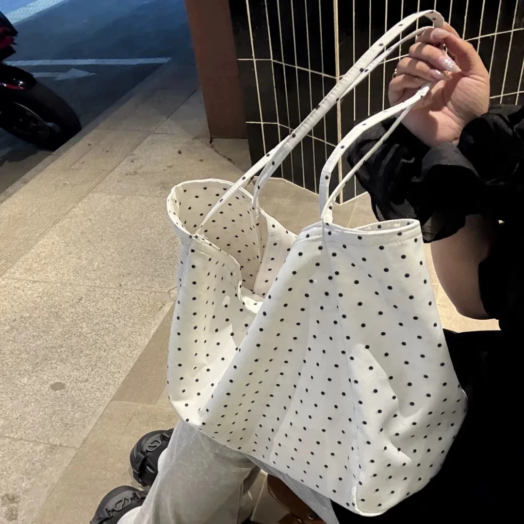 

Korean Polka Dot Canvas Large Capacity Tote Bag Causal Commuter Outward Handheld Shoulder Bag for Women 2025 New Style