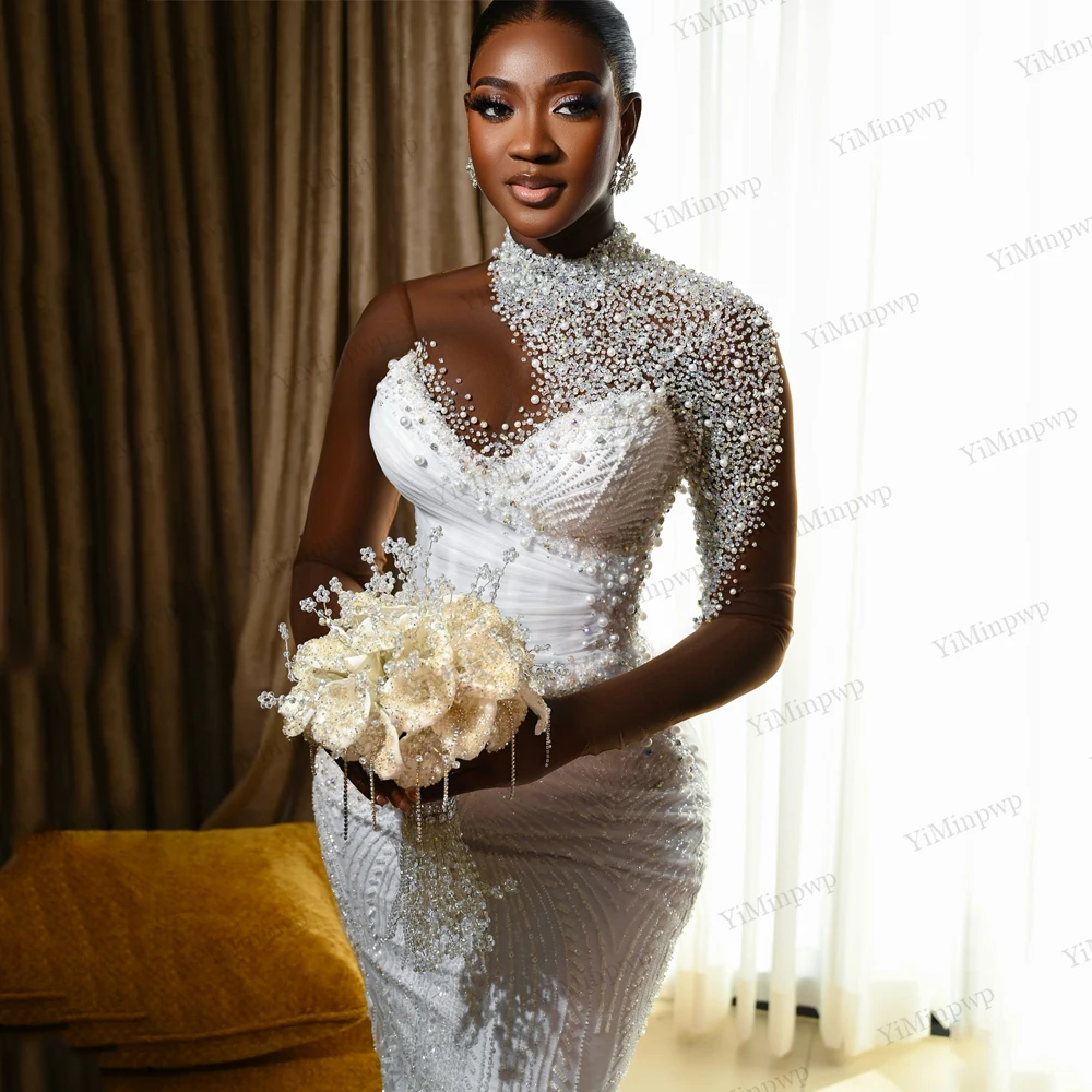

Mermaid Beaded Wedding Dress For Bride High Neck Full Sleeve Crystals African Luxuries Bride Gowns Sweep Train Customized