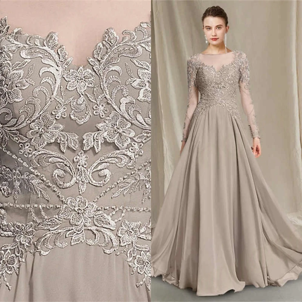 

Customized Formal khaki Chiffon Evening Dress Classic O-Neck Long Sleeves Prom Dresses Delicate A-Line Buttons Cocktail Dress