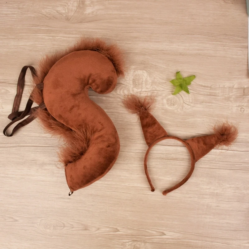 2 stücke Eichhörnchen Ohren Form Hairhoop Cosplay Kostüm Schwanz Kopfschmuck Einfarbig Halloween Geburtstag Party Set für Kinder X4YC