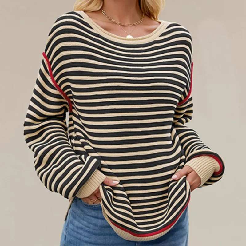 

2025 New Fall/Winter Women's Striped Knitted Top Round Neck Pullover Style & Loose Long Sleeves Comfortable Sweater for Daily