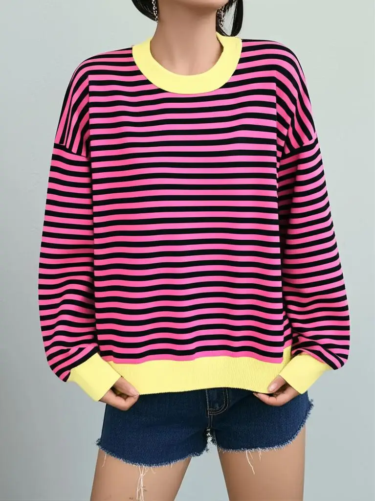 

Unisex Sweater Pullover Crew Neck Loose Fit Men Hip Hop Casual Striped Women Long Sleeve Oversized Sweatshirt Shirt Pullover Top