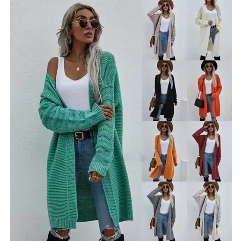 2024 Solid Color Long Cardigan and Women\'s Spring and Autumn Knit Fashion Sweater Jacket