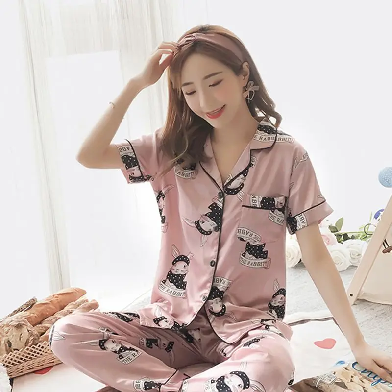 Neue Frau Satin Seide Pyjama Sets lässig lose Kurzarm Tops lange Hosen 2 Stück Anzug Pyjimas weiche Nachtwäsche Home Kleidung