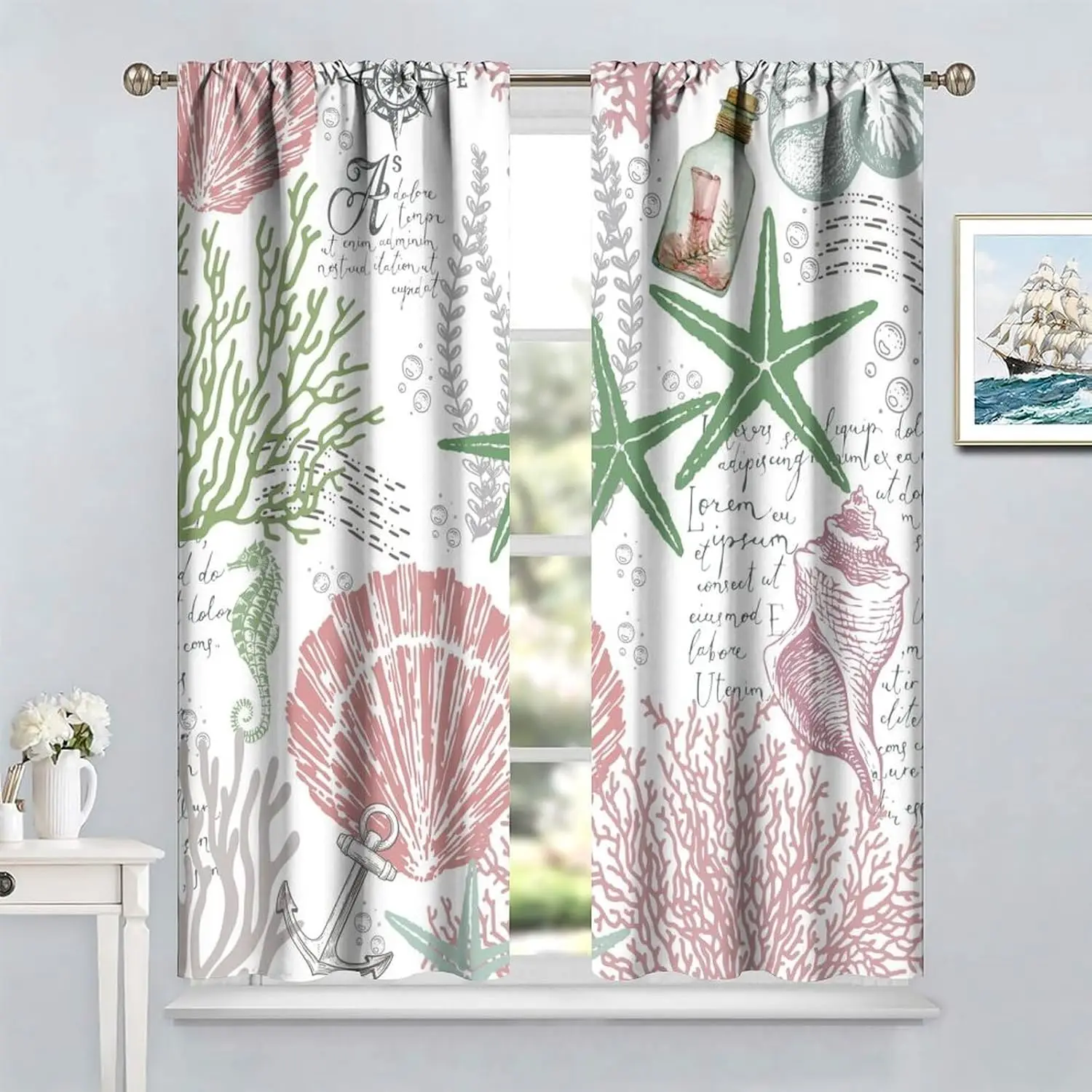 Cortinas de playa de océano náutico, conchas verdes rosas, estrellas de mar, Coral, cortinas de cafetería costera, cortinas de tratamiento de ventanas marinas, decoración del hogar