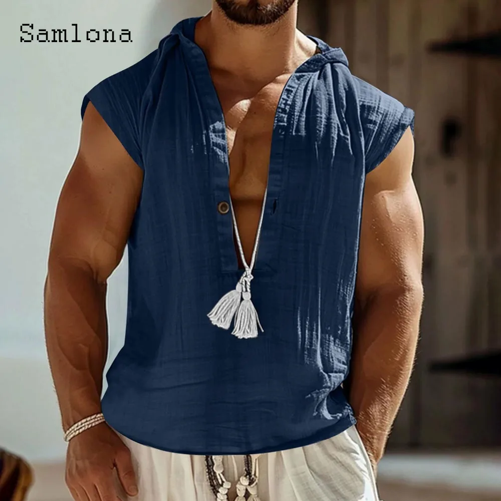 Kemeja Bertali Fashion Pria 2025 Atasan Bertudung Kasual Tanpa Lengan Pria Pulover Pantai Musim Panas Terbaru Blus Linen Katun Navy Abu-abu