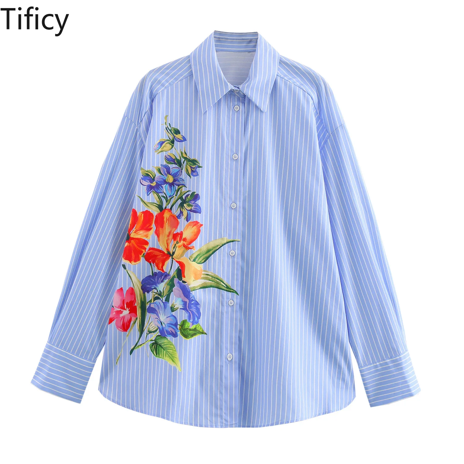 

TIFICY Autumn New Women's Casual Versatile Striped Flower Printed Loose Long Sleeved Streetwear Casual Shirt Tops Blouses