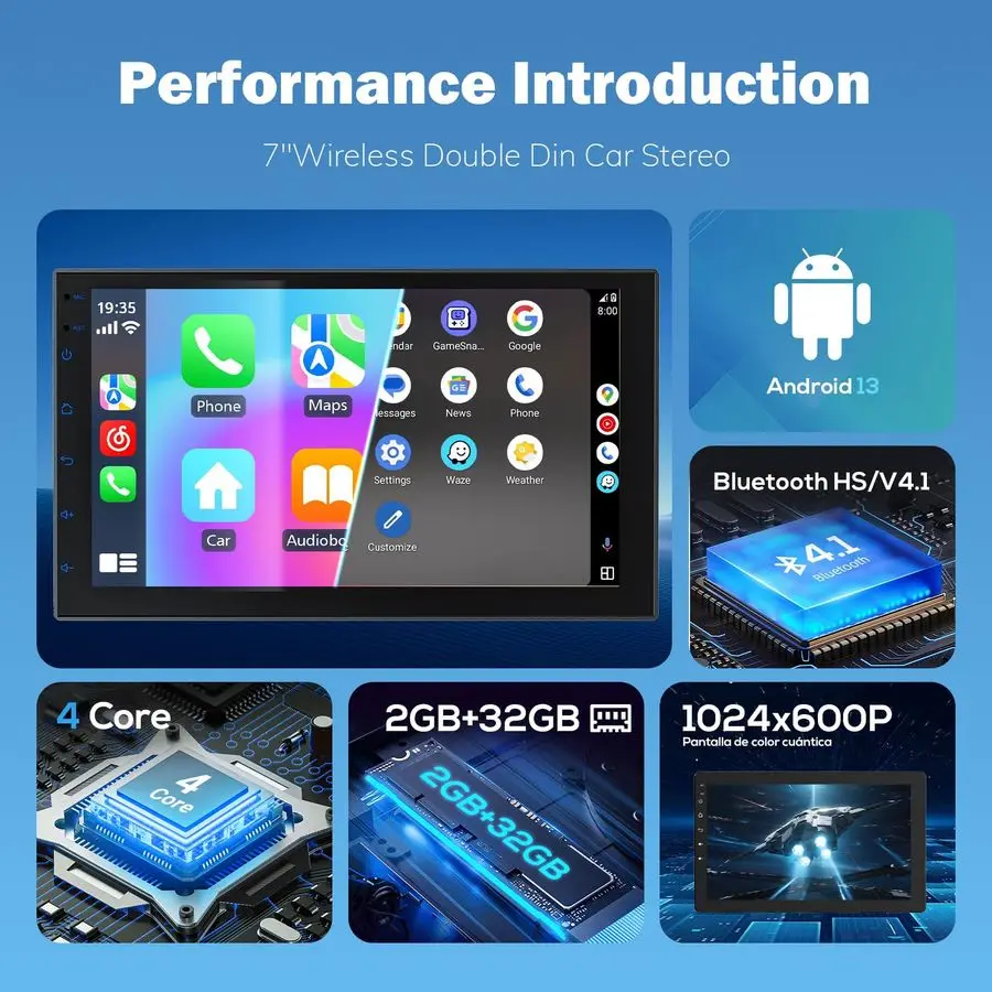 Беспроводной экран CarPlay Din для автомобиля, сенсорный экран 7 HD с Apple CarPlay, Android Auto, GPS-навигацией, Bluetooth, голосовым управлением