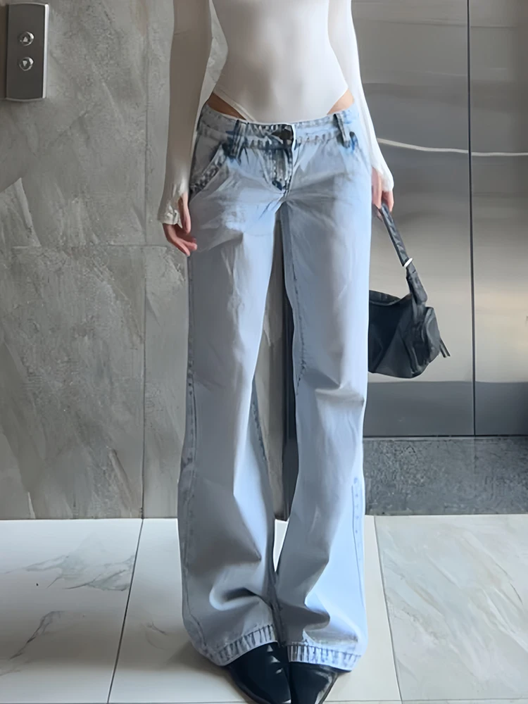 

Washed Light Blue Denim Pants High Waist Loose Fit Floor-Length Jeans Women's Summer Casual Lazy Style Trousers