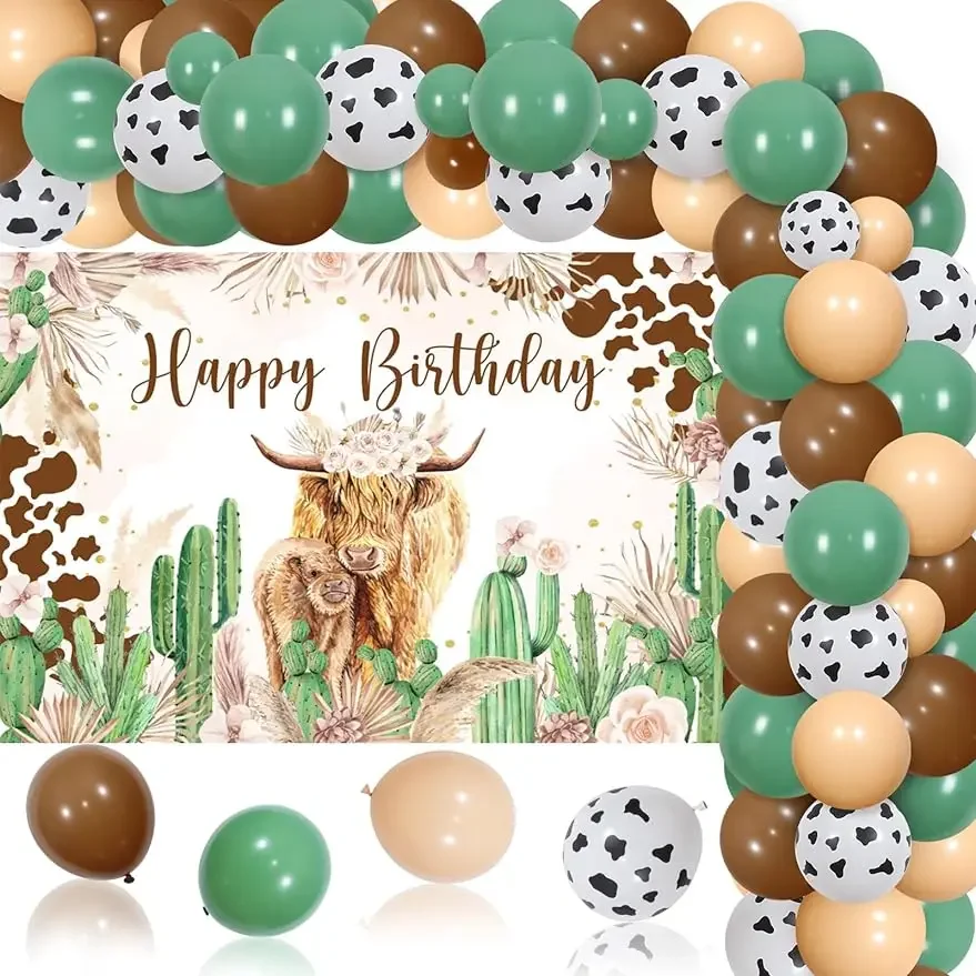 

Highland Cow Birthday Party Decor Balloon Arch Backdrop Cactus Holy Cow Boho Farm Photography Background for Highland Cow Party