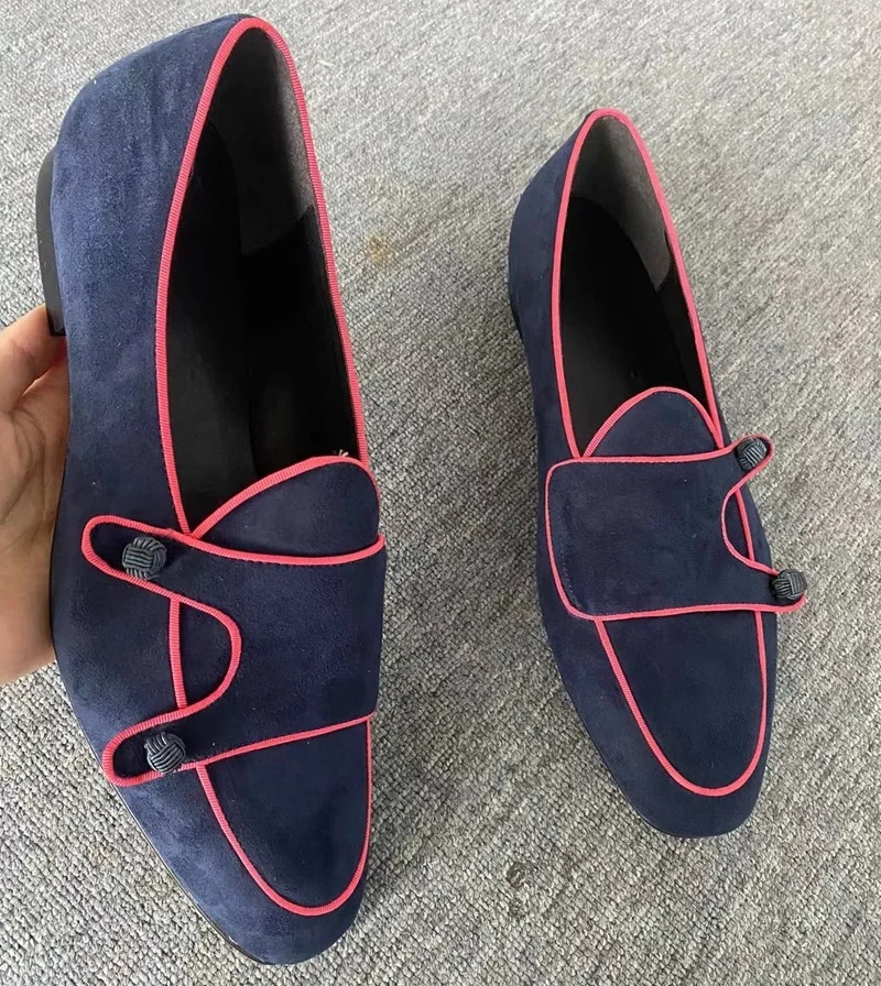

Dark Blue Suede Men Loafers Monk Strap Shoes British Style Slip-On Casual Leather Shoes Mocassins Dress Shoes for Men