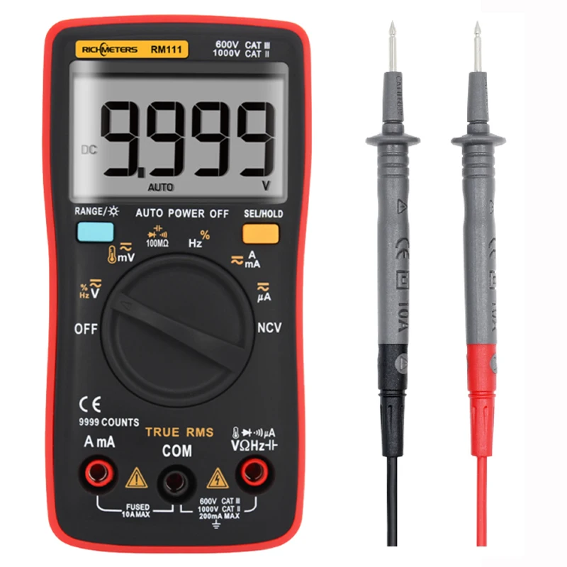 RM111 Auto Range Multimetr cyfrowy Napięcie AD/AC 9999 zliczeń Wyświetlacz LCD Podświetlenie Dioda Test Temperatura True Rms