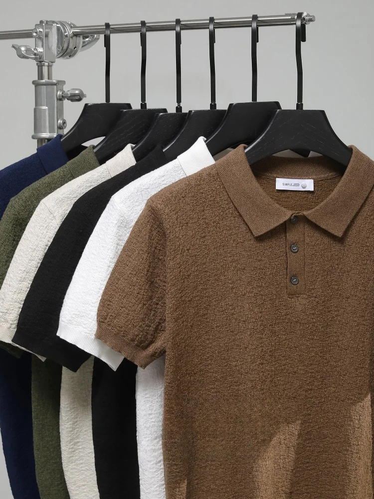 LUUD Knitted Slim Fit  Shirt Men's Lazy Style Casual Turn-down Collar T-shirt Breathable Summer Fashion Urban Korean ShorYY229