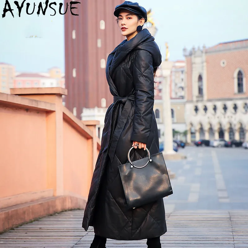 

AYUNSUE Sheepskin Genuine Leather Jacket Women Long Over Knee Fashion Down Coat Woman Winter Clothes Hoodie Waist Jaqueta Couro